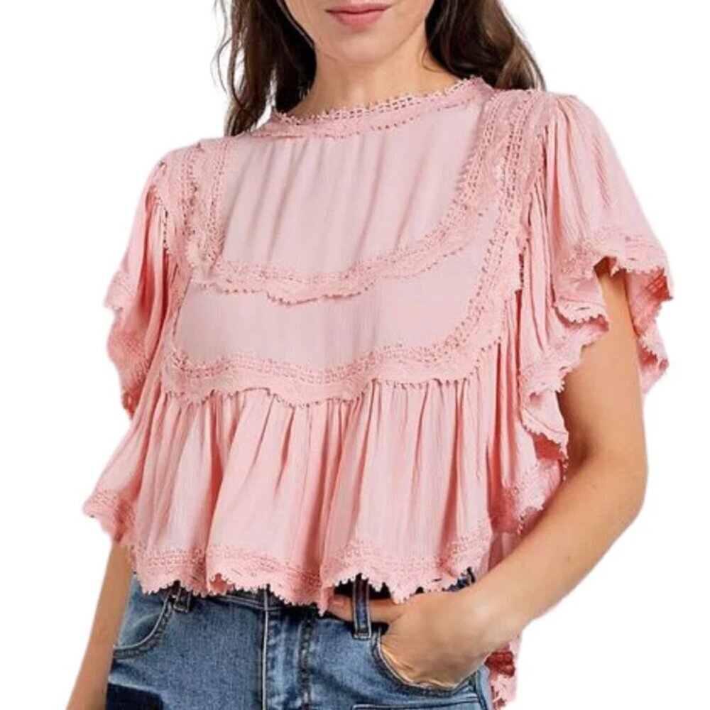 Easel Pink Peplum Ruffled Crop  Top with Crochet Trim Detail Boho‎ Coquette